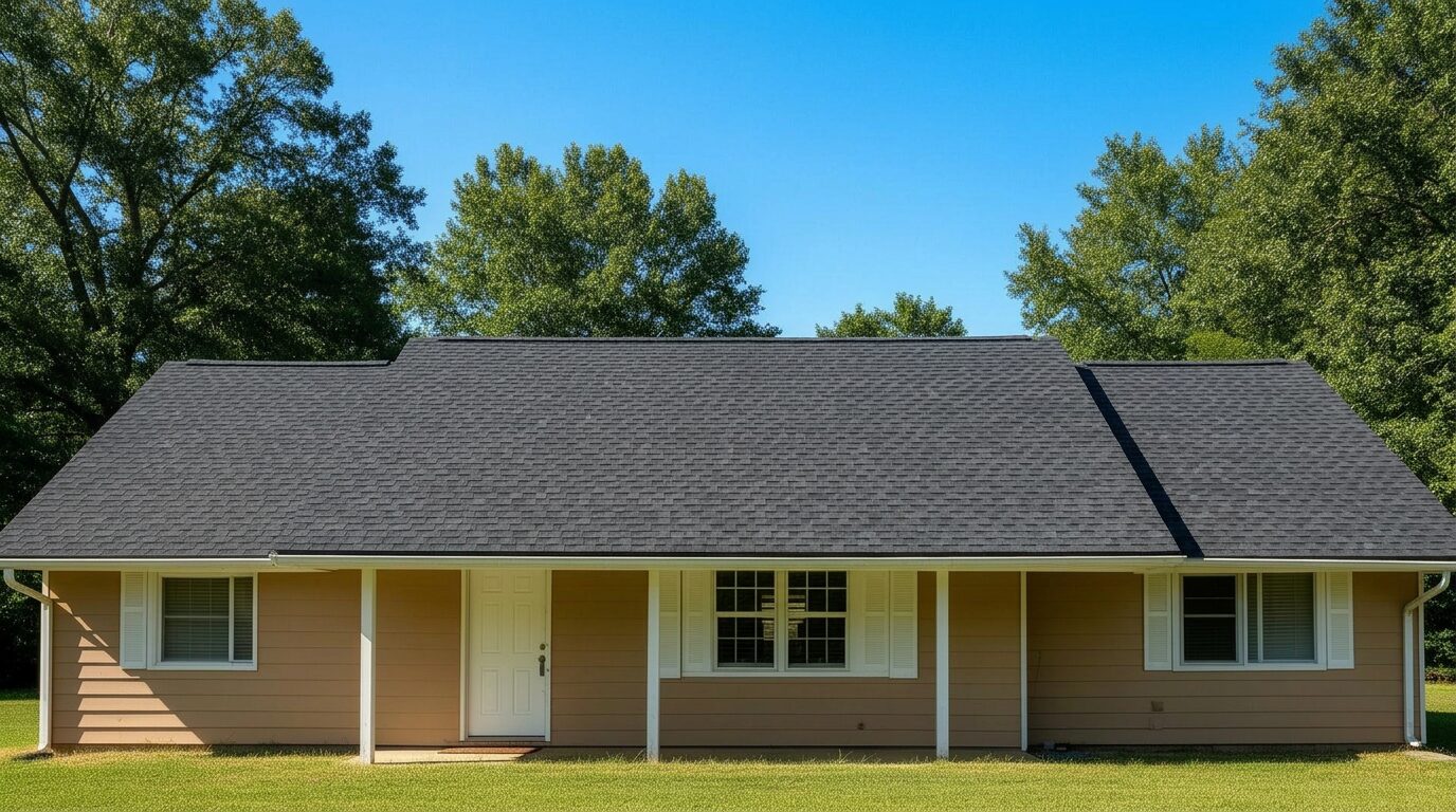 Brand-new charcoal architectural shingle roof installed by Power Plus Roofing