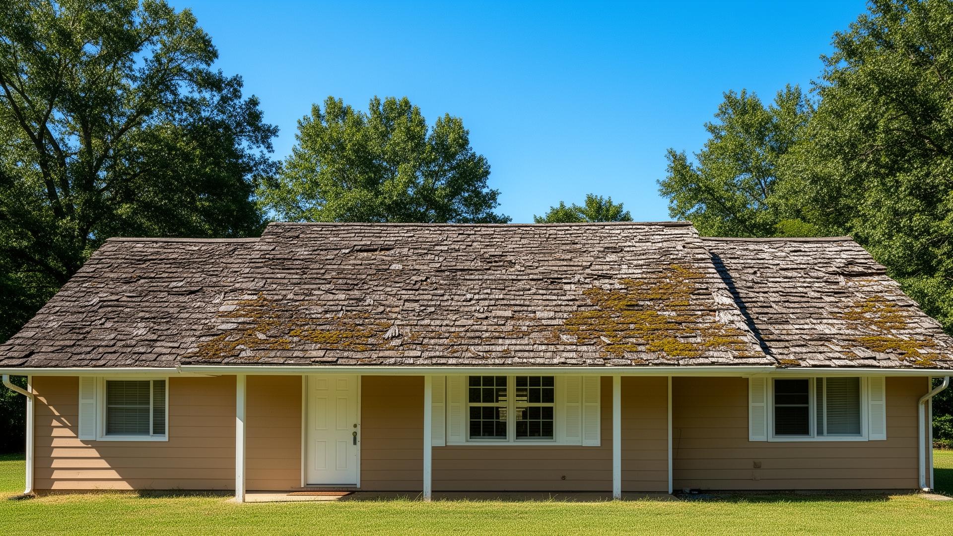 Aging asphalt shingle roof with moss and curling shingles